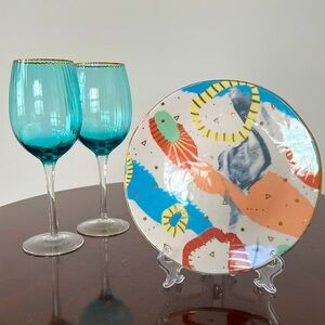 Anthropologie Desert Colorful Ceramic Plate and 2 Teal Wine Glass Set